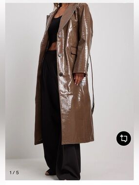 NA-KD Brown Croc-Embossed Patent Long Coat - Women